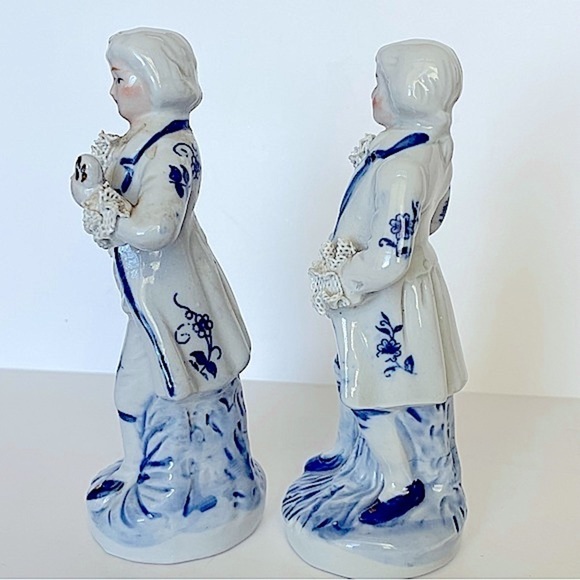 Porcelain Figures Colonial Victorian Men Blue White Gold Hand Painted Vintage - Picture 3 of 15